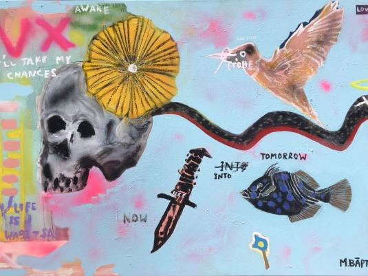 image of selection of objects including a snake, fish,skull, a bird and captions including 'awake', 'I'll take my chances', 'now', 'tomorrow', 'my life is was it safe', and others.