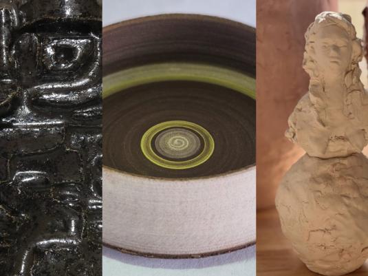 Composite image of three different clay works.  Object on left is a hand worked molded panel, in the centre, a ceramic bowl and on the right is a sculpture of a woman's head and torso on a clay ball