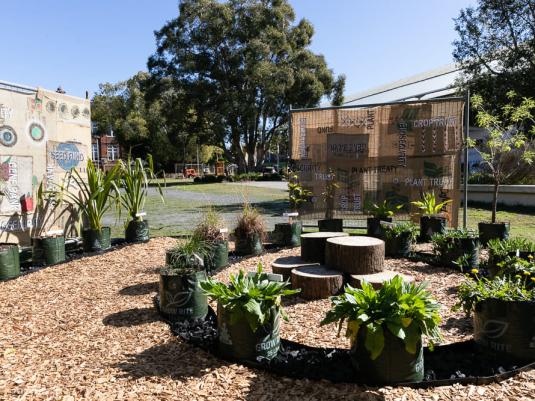Potted plants with screens decorated with artwork