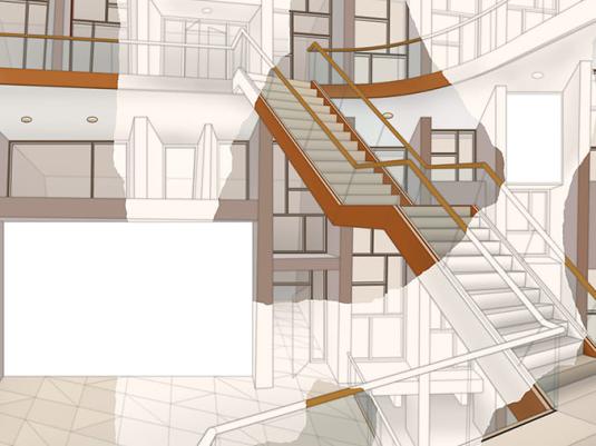 image of building interior detail with staircase, balconies, window and rail details with faded out areas in the image