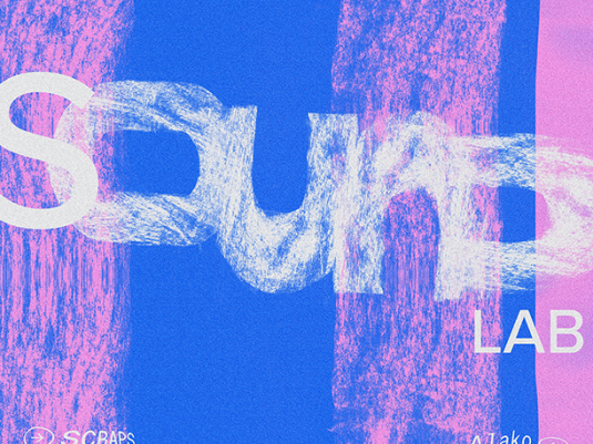 A poster saying Sound Lab in pink and blue