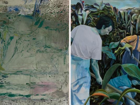 painting of a leaf covered A frame and painting of people gardening