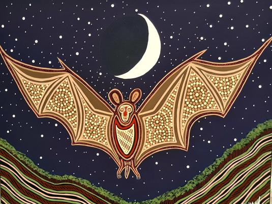 painting of bat flying against night sky