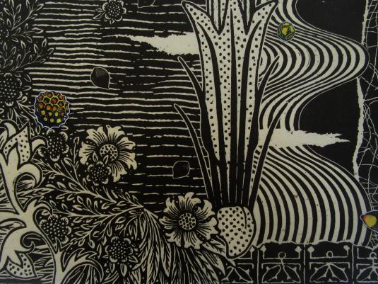 linocut print of plants