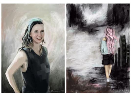 two images of  women - one facing us, the other walking away