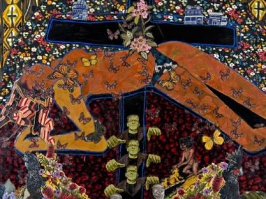 woman across a black cross with  flowers, butterflies, crosses, some buildings, masks and zombi images