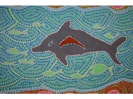 dolphin swimming on background with small fish and dot painting