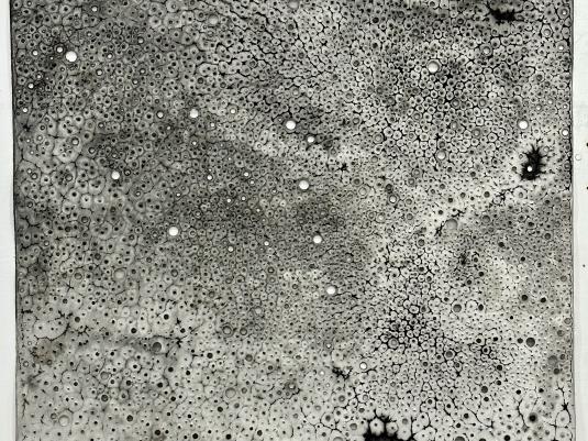 Lindy Lee ‘The topography of rain’ 2022, fire, Chinese ink and rain on archival paper. Donated through the Australian Government’s Cultural Gifts Program by Lindy Lee.