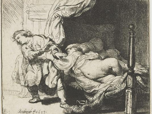 man leaving woman in bed