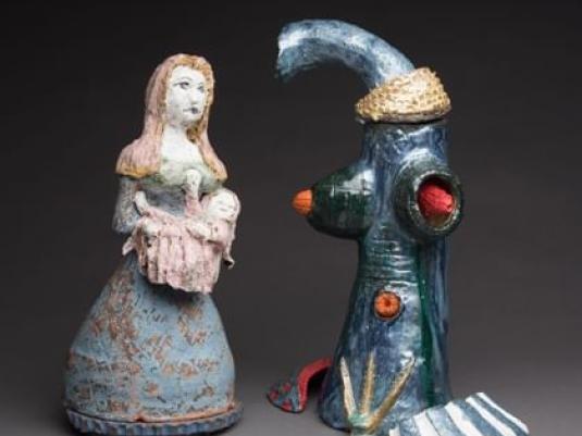 two sculptures representing to two 'types' of women - good 'women' and 'bad' women