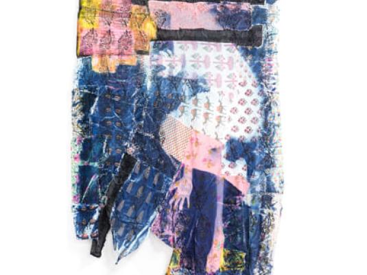 image of woman linocut on Indian textiles