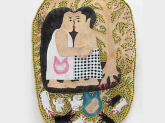 two people together with tree behind them and animals below