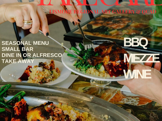 A flyer saying 'Nights! Take Care', in red text on top of a photo with hards sharing a plate of food with BBQ, Mezze and winr