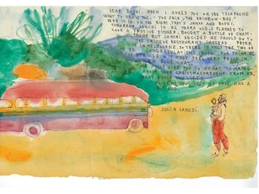 letter with watercolour painting of bus and man carrying child