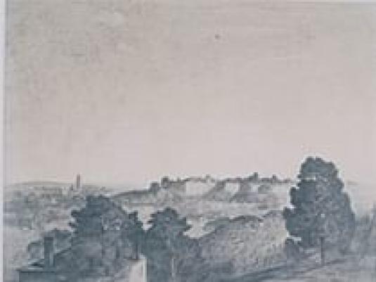 pencil drawing of buildings into distance and trees in foreground