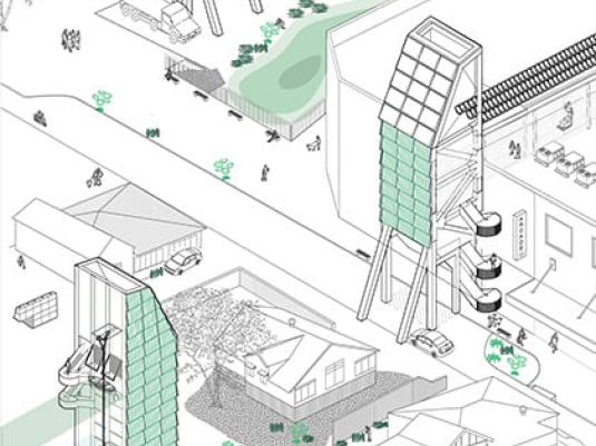 Architectural drawings of town with tower buildings for flood refuge