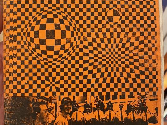 composite image with photos of police, young people and pattern in black squares