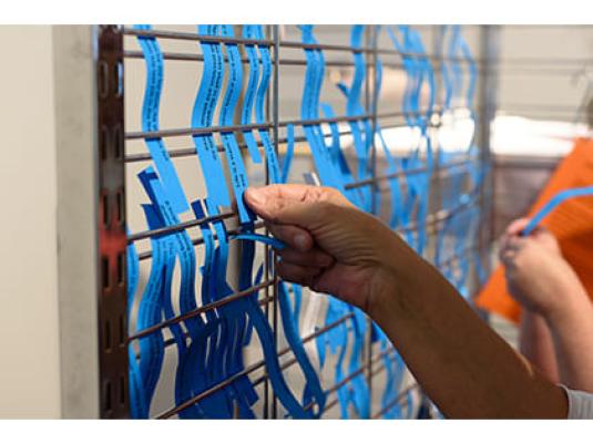 rack with strips of paper with individual sentences on them