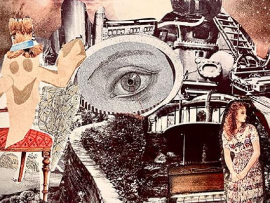 complex collage including a cartoon character, garden wall, old machinery a piano, a woman and an eye in the centre