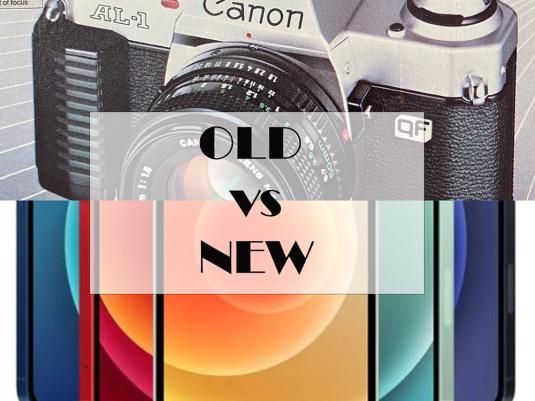 half image film camera, other half is phones with old versus new text over top