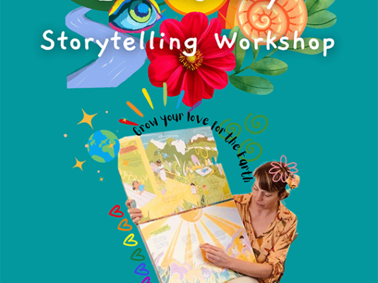 woman reading large picture book with flowers and rainbow above her