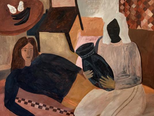 A painting of two women, one lying and one sitting holding a vase. The colours are browns and warm tones