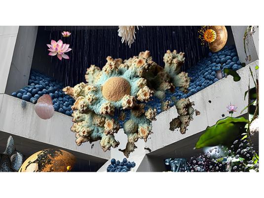 A digital collage including giant blueberries, lotus flowers, an industrial concrete building, water droplets and plants.