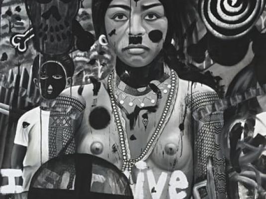 painting of woman with extensive arm tattoos , face paint surround by multiple images including a masked person a skull and cross bones and pieces of text over the whole work