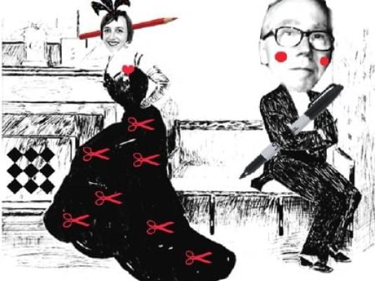 woman dressed in formal black gown patterned with red scissors and a large pencil behind her head. A man is sitting on a bench with red dots on his cheeks and a large pen tucked under his arm dots o