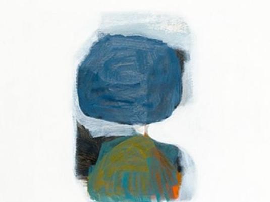 abstract painting with large areas of blue and blue/green with some yellow over the blue/green