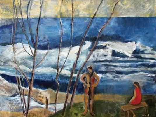 painting of the beach at Byron Bay with two people, one standing and the other, in a red dress is sitting on a bench with the surf in front of them