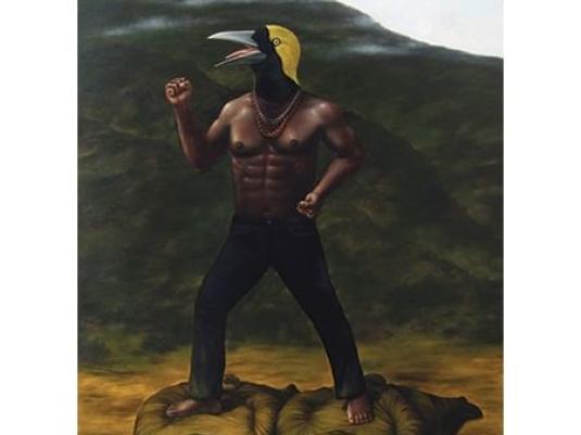 creature with the body of a man and head of a bird standing on tow creatures with human bodies and animal heads