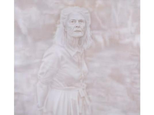painting of a woman with landscape behind her. Painting is in a muted sepia colour