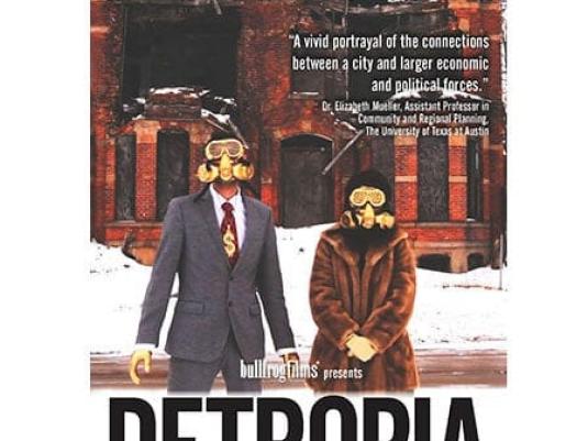 two people wearing gas masks in front of a build in snow covered ground