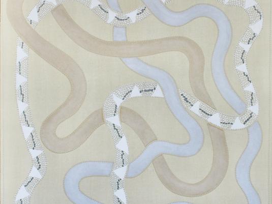 A painting of 3 snakes intertwined in colours beige, pale blue and black and white patterns. On a sandy coloured background.